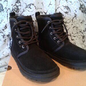 UGG SHOES LACE UP BOOT BOOTIES BLACK SUIDE LEATHER , SHEARLING FUR US 5 EUR 36